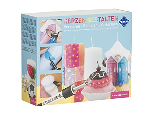 Pebaro 0277 Geschenkset zum Verzieren von Kerzen inkl. Kerzenkolben, Minibügeleisen, Messingbürste, Kerzen, Servietten zum Aufbügeln, 7 Wachsfarben, Basteln und Arbeiten mit Wachs, Kreativ Set von Pebaro