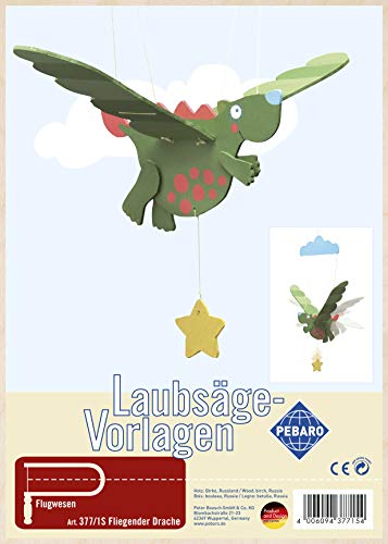 Pebaro 377/1S Laubsägevorlage Mobile Windspiel Fliegender Drache, 3mm Sperrholz DIN A 4, Motiv vorgedruckt, aussägen mit Laubsägebogen, basteln, anmalen, fertig, Basteln mit Holz, Geschenkidee von Pebaro