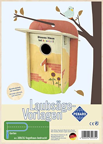 Pebaro 399/3S Laubsägevorlage Vogelhaus bunt bedruckt, 3mm Sperrholz DIN A 4, Motiv farbig vorgedruckt, aussägen mit Laubsägebogen, basteln, fertig, Laubsägen, Holz, Geschenkidee, Nistkasten, Garten von Pebaro