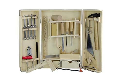 Pebaro 462 Starter Werkzeugkasten für Kinder, 25 Teile in Holzbox, kompakter Holzschrank mit Zubehör, Junior Werkzeugkiste mit Hammer, Maulschlüssel, Säge etc. , Geschenkidee für Kinder, 24 x 36 cm von Pebaro
