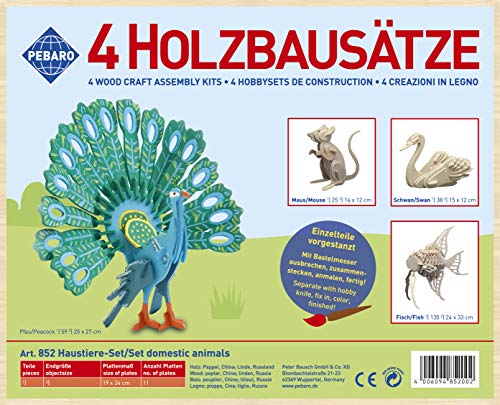 Pebaro 852 Holzbausatz Haustiere-Set, 4 Stück 3D Puzzles Tiere: Pfau, Maus, Schwan, Fisch, Basteln mit Holz, Holzpuzzle, vorgestanzte Holzplatten, ausbrechen, zusammenstecken, fertig, Geschenkidee von Pebaro