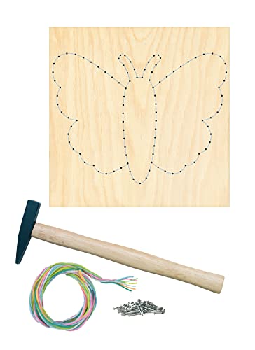 Pebaro NB1-SET Nagelbild Kreativ Set, Bastelset, Fadenbild, Fadenspannbild, String Art, mit vorgedrucktem Motiv Schmetterling, inkl. Nägel, farbiges Garn und Hammer, Basteln mit Holz, Nagel und Fäden von Pebaro