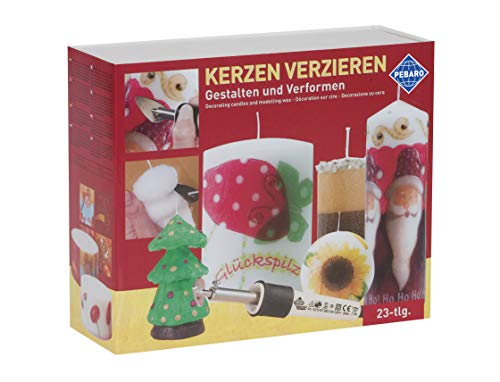 Pebaro 0277W Geschenkset zum Verzieren von Kerzen: Kerzenkolben, Minibügeleisen, Messingbürste, Schreibspitze, Kerzen, Servietten mit Weihnachtsmotiven zum Aufbügeln, Basteln mit Wachs, Weihnachtsdeko von Pebaro