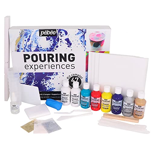Pébéo 524600 Discovery Acryl Pouring 8 x 118 ml Flaschen Bereits Gemischte Acrylfarben, Sofort-Kit ohne Anmischen + 50 ml Silikonöl + 4 Leinwände + Zubehör + Anleitung, Silikon, 47-teiliges Set von Pébéo