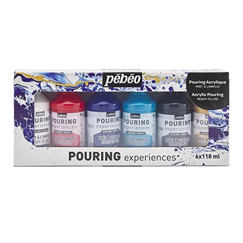 Pébéo 524601 Acryl Pouring Entdecken-Set mit 6 x 118 ml Bereits Gemischten Acrylfarben, Sofort-Kit ohne Anmischen-Weiss + Rot + Blau + Türkis + Schwarz + Gold, 118 ml (6er Pack), 708 milliliter von Pébéo