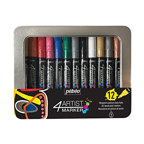 Pébéo 580500 4Artist Marker Set-12 Acryl Farbmarker auf Ölbasis, 4mm Runde Spitze-Lebendige, Deckende, Brillante Farben-Schnell Trocknend, Getrocknet Wasserfest-Praktische Metalldose, 12 stück von Pébéo