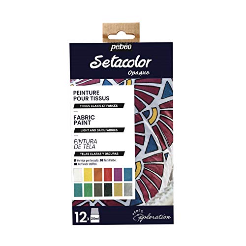 Pébéo 757481 Setacolor Textilfarben Starter Set Deckend-Glänzend Schimmernde Stofffarben-12 x Flaschen in Brillanten Moiré-Farbtönen, Sortiment, 20 ml (12er Pack), 240 Milliliter von Pébéo