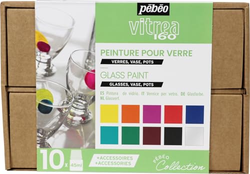 Pébéo 758461 Vitrea 160 Collection Box-Glasmalerei Nr. 1-10 x 45 Flaschen Verschiedene Glasmalfarben + 1 x 20 ml Tube Relief Paste Gold + Zubehör + Kreativer Ratgeber, 16-teiliges Set, 450 Milliliter von Pébéo