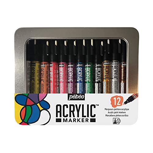 Pébéo Acrylic Marker Set 12 Acryl Marker auf Wasserbasis, Permanent Einfache Anwendung, Schnell Trocknend Spitze für viele Techniken Metalldose 201500 Sortiert 12X1.2MM von Pebeo