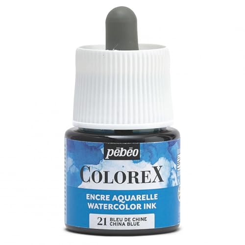 Pébéo - Colorex Tinte 45 ML Chinablau - Colorex Aquarell Tinte Pébéo - Chinablau Tinte mit samtigem Finish - Zeichentusche Multi-Tool Alle Medien - 45 ML - Chinablau von Pebeo