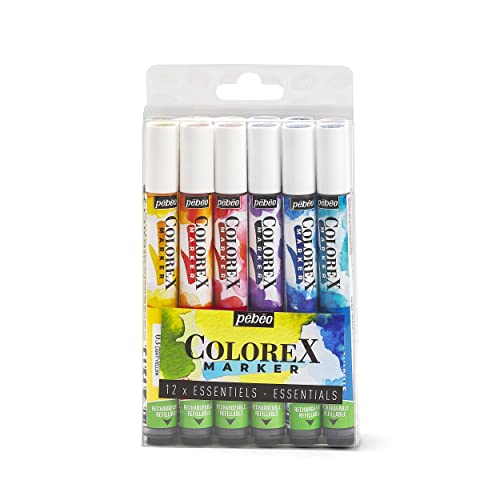Pébéo - Colorex Tintenmarker Set mit 12 Colorex Aquarelltinten Tinte Primärfarben Samtig – Zeichnung Multitool für alle Untergründe – Marker mit zusätzlichen Farben von Pébéo