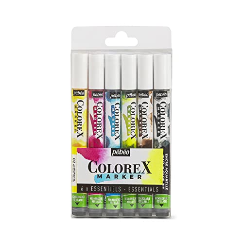 Pébéo - Colorex Tintenmarker Set mit 6 Colorex Aquarelltinten – Grundfarben – Zeichnung Multitool – Marker – Primärgelb, Magenta, Cyan, Frühlingsgrün, Sepia, Elfenbeinschwarz von Pébéo