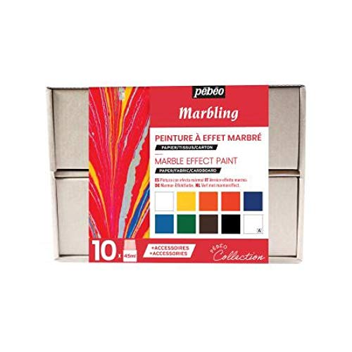 Pébéo Marbling Collection Box - Marmorierfarben Set - 10 x 45 ml Gemischte Farbflaschen, 1 x Flasche Verdickungsmittelbad, 10 x Blätter Diffusionspapier, 10 x Stäbchen, Kreativer Ratgeber, 758495, sortiert, 10x45ml von PEBEO
