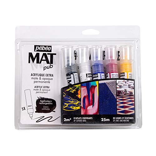 Pébéo Mat Pub Nachfüllbare Acryl Liner Set 5 x 30 ml - Extra Feine Acrylfarben - Permanent, Matt und Deckend - Für den Außenbereich Geeignet - Gelb, Rot, Blau, Weiß, Schwarz von Pébéo