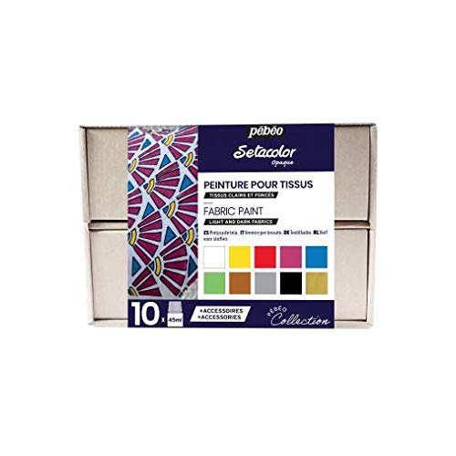 Pébéo Setacolor Textilfarben Collection Set - Deckende Stofffarben - 10 x 45 ml Farbflaschen, 1 x 20 ml Tube Setacolor 3D Gewebefarbe Glänzend Schwarz, 1 x 7A Marker, Zubehör, Kreativer Ratgeber von Pébéo