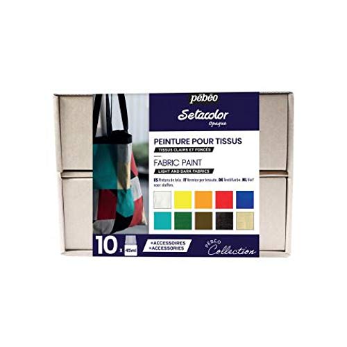 Pébéo Setacolor Textilfarben Opaque Collection Set - Deckende Stofffarben - 10 x 45 ml Farbflaschen, 1 x 20 ml Tube Setacolor 3D Gold Metalleffekt, 1 x 7A Marker, Zubehör, Kreativer Ratgeber von Pebeo