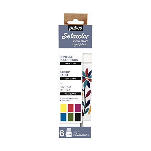 Pébéo Setacolor Textilfarben Starter Set - 6 x 20 ml Stofffarben für Helle Textilien - Auf Wasserbasis - Waschfest nach Fixieren - 6 Intensive Farben: Gelb, Rot, Fuchsia, Blau, Grün, Schwarz, 6x20ml von Pébéo