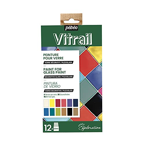 Pébéo Vitrail Entdecker Set-Glasmalerei Kit-Glänzende, Transparente Farben-12 x 20 ml Flaschen gemischte Glasmalfarben, Farbsortiment, 12 x 20 ml, 240 Milliliter von Pébéo