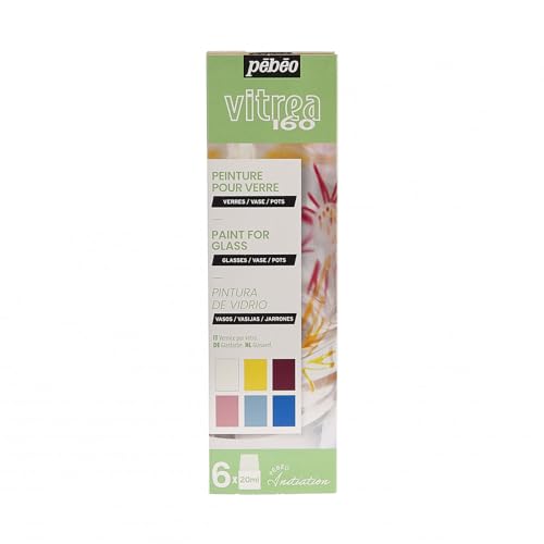 Pébéo Vitrea 160 Starter Glasmalerei Kit-6 x 20 ml Flaschen Glasmalfarben-Farben im Set: Weiß, Safrangelb, Indischrot, Hellrosa, Hellblau, Cyan, Farbsortiment, 120 milliliter von Pebeo