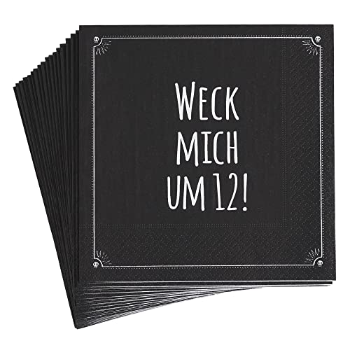 Pechkeks Silvester Servietten schwarz - Weck mich um 12! - Party Neujahr Tischdeko mit Spruch für Freunde des schwarzen Humors, 33 x 33 cm, 10 Stück von Pechkeks