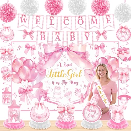 Rosa Schleife Babyparty-Dekorationen A Sweet Little Girl Is On Her Way Hintergrund Banner Wirbel Waben-Mittelstücke Schärpe Papier Pom Poms Willkommen Baby Mädchen Dekor Kit Geschlecht Offenbarung von Peconal