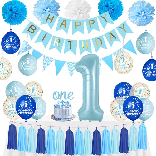 1. Geburtstag Dekorationen für Jungen Blau - Erste Luftballons Happy Birthday Banner One Cake Topper Nummer 1 Ballon Quaste, Seidenpapier Pom Poms Dekoration für 1 Jahr alte Baby Boy Party Feier von Pecration
