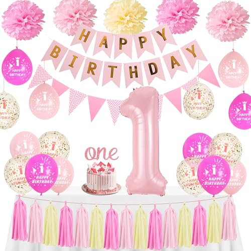 1. Geburtstag Dekorationen für Mädchen Rosa - Erste Luftballons Happy Birthday Banner One Cake Topper Nummer 1 Ballon Quaste, Seidenpapier Pom Poms Dekoration für 1 Jahr alte Baby Mädchen Party Feier von Pecration