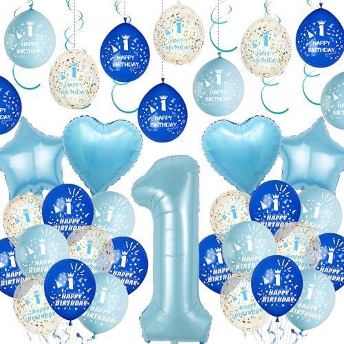 1.Geburtstag Dekorationen für Jungen Blau - Lustige Erste Geburtstag Latex Konfetti Luftballons Zahl 1 Folienballon Hängende Wirbel für 1 Jahr Alt Baby Boy Party Feier von Pecration