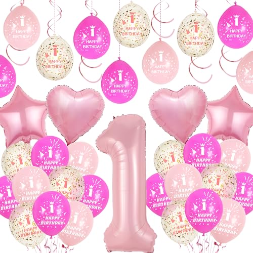 1.Geburtstag Dekorationen für Mädchen Rosa - Lustige Erste Geburtstag Latex Konfetti Luftballons Zahl 1 Folienballon, Hängende Wirbel für 1 Jahr Alt Baby Mädchen Party Feier von Pecration