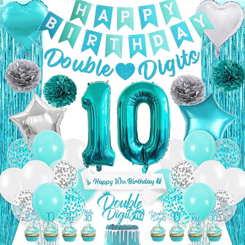 10. Geburtstag Party Dekorationen Mädchen - Blaugrün Happy Birthday Banner Cake Topper Kit mit Schärpe Folie Fransenvorhang, Doppelstellige Konfetti Latex Ballons für 10 Jahre alte Party Supplies von Pecration