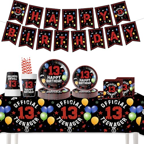 13 Geburtstag Dekorationen Junge Mädchen - 76 Stück Schwarz Rot Happy Birthday Banner Offizielle Teenager Tischdecke Teller, Servietten Pappbecher Strohhalme Partygeschirr für 13 Jahre alt Themenparty von Pecration