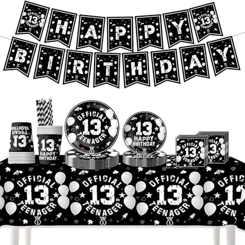 13 Geburtstag Dekorationen Junge Mädchen - 76 Stück Schwarz Weiß Happy Birthday Banner Offizielle Teenager Tischdecke Teller, Servietten Pappbecher Strohhalme Partygeschirr für 13 Jahre alt von Pecration