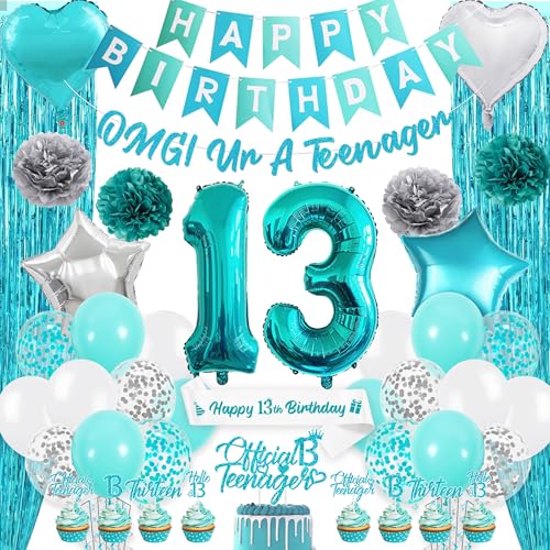13 Geburtstag Party Dekoration Mädchen - Blaugrün Happy Birthday Banner Cake Topper Kit mit Schärpe Folie Fransenvorhang, Offizielle Teenager Konfetti Latex Ballons für 13 Jahre Alt Party Supplies von Pecration