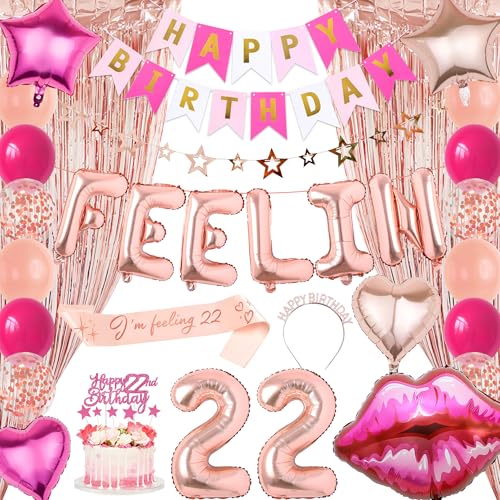 22 Geburtstag Dekorationen Luftballons für Sie - Happy Birthday Banner Schärpe Dekoration Set mit Folienfransenvorhängen, Rosa Cake Topper Hängende Sterngirlande für Frauen 22 Jahre alt Party Supplies 22 Geburtstag Dekorationen Luftballons für Sie - Happy Birthday Banner Schärpe Dekoration Set mit Folienfransenvorhängen, Rosa Cake Topper Hängende Sterngirlande für Frauen 22 Jahre alt Party Supplies von Pecration