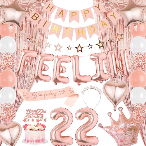 22 Geburtstag Dekorationen Luftballons für Sie - Happy Birthday Banner Schärpe Dekoration Set mit Folienfransenvorhängen, Rose Gold Cake Topper Hängende Stern Girlande für Frauen 22 Jahre alt Party 22 Geburtstag Dekorationen Luftballons für Sie - Happy Birthday Banner Schärpe Dekoration Set mit Folienfransenvorhängen, Rose Gold Cake Topper Hängende Stern Girlande für Frauen 22 Jahre alt Party von Pecration