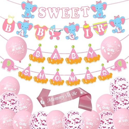 Babyparty Luftballons Dekorationen für Mädchen - Rosa Elefant Sweet Banner Girlande Mummy to Be Schärpe Konfetti Luftballons, Geschlecht Enthüllung Baby Shower Party Banner Dekoration für Mädchen von Pecration