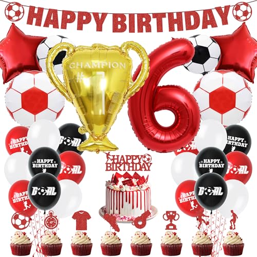 Fußball 6. Geburtstag Party Dekorationen – Fußball Kuchen Topper Luftballons Happy Birthday Banner Party Supplies für Jungen, Rot Sport Thema Dekoration für 6 Jahre alte Kinder und Fans von Pecration