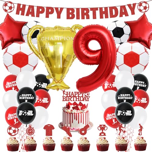 Fußball 9. Geburtstag Party Dekorationen - Fußball Kuchen Topper Luftballons Happy Birthday Banner Party Supplies für Jungen, Rot Sport Thema Dekoration für 9 Jahre alte Kinder und Fans von Pecration