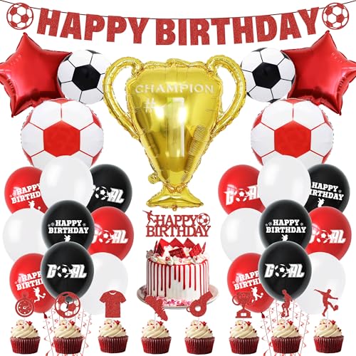 Fußball-Geburtstagsdekorationen, Tortenaufsatz, Fußball-Partyzubehör, Folienballons, Cupcake-Topper, Happy Birthday-Banner für Jungen, rote Sport-Motto-Party-Dekoration für Kinder und Fans Fußball-Geburtstagsdekorationen, Tortenaufsatz, Fußball-Partyzubehör, Folienballons, Cupcake-Topper, Happy Birthday-Banner für Jungen, rote Sport-Motto-Party-Dekoration für Kinder und Fans von Pecration