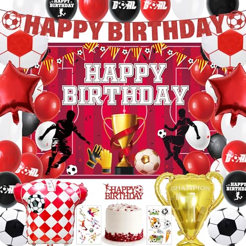 Fußball-Geburtstagsdekorationen, Party-Luftballons – roter Fußball-Happy Birthday-Banner, Kuchenaufsatz, Ballon, Hintergrund für Jungen, Kinder, Sport-Motto-Party-Zubehör Fußball-Geburtstagsdekorationen, Party-Luftballons – roter Fußball-Happy Birthday-Banner, Kuchenaufsatz, Ballon, Hintergrund für Jungen, Kinder, Sport-Motto-Party-Zubehör von Pecration