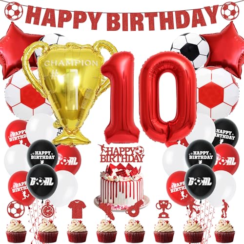 Fußball-Partydekorationen zum 10. Geburtstag – Fußball-Kuchenaufsatz, Luftballons, Happy Birthday-Banner, Partyzubehör für Jungen, rotes Sport-Thema, zweistellige Dekoration für 10-jährige Kinder und Fußball-Partydekorationen zum 10. Geburtstag – Fußball-Kuchenaufsatz, Luftballons, Happy Birthday-Banner, Partyzubehör für Jungen, rotes Sport-Thema, zweistellige Dekoration für 10-jährige Kinder und von Pecration