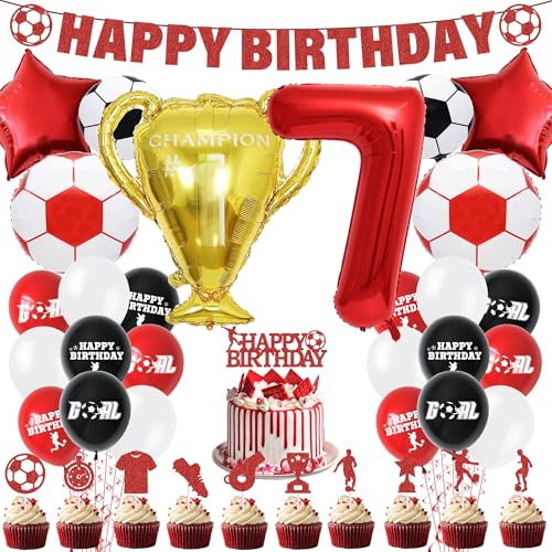 Fußball-Partydekorationen zum 7. Geburtstag – Fußball-Kuchenaufsatz, Luftballons, Happy Birthday-Banner, Partyzubehör für Jungen, rote Sportthemen-Dekoration für 7-jährige Kinder und Fans Fußball-Partydekorationen zum 7. Geburtstag – Fußball-Kuchenaufsatz, Luftballons, Happy Birthday-Banner, Partyzubehör für Jungen, rote Sportthemen-Dekoration für 7-jährige Kinder und Fans von Pecration