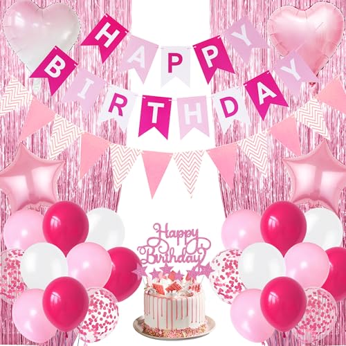 Geburtstag Party Dekorationen Luftballons Hintergrund - Rosa Happy Birthday Banner Dekorationen Set Mädchen Lametta Vorhang Kuchen Topper Wimpel Wimpel für Frauen Party Hintergrund Supplies von Pecration