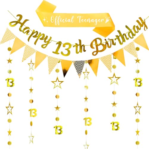 13 Geburtstag Party Dekorationen Jungen - Gold Happy Birthday Dekor Set mit Banner Glitzer Girlande, Offizielle Teenager Schärpe Stern Streamer Wimpelkette für 13 Jahre Alt Party Supplies von Pecration