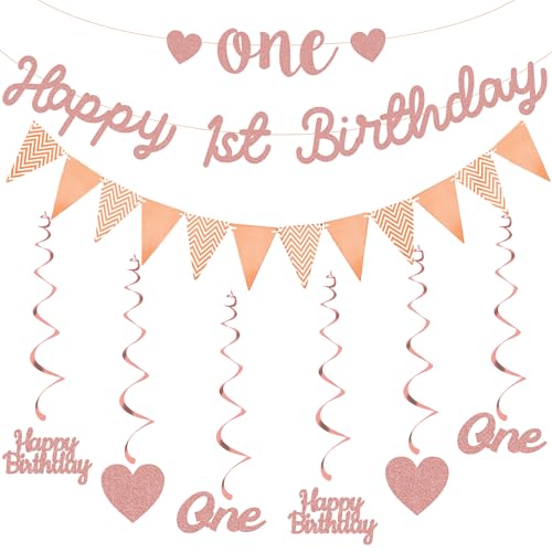 Happy 1st Birthday Banner Dekorationen - Rose Gold First Birthday Banner Wimpelkette Set für Mädchen, Glitzer Herz Brief Swirl Hanging for Boby One Birthday Party Supplies von Pecration