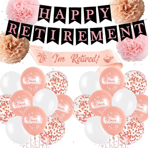 Happy Retirement Decorations Balloons Banner - Rose Gold I'm Retired Sash Decorations Balloons Set, Paper Pompoms and Latex Balloon for Women Office Leaving Party Supplies Happy Retirement Decorations Balloons Banner - Rose Gold I'm Retired Sash Decorations Balloons Set, Paper Pompoms and Latex Balloon for Women Office Leaving Party Supplies von Pecration