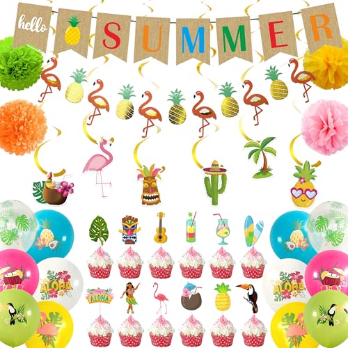 Hawaii-Party-Banner-Dekorationen für den Sommer, bunte Latex-Luftballons, Dekorationsset mit Cupcake-Topper, Flamingo-Hängewirbel und Papier-Pompons für Strandparty-Zubehör Hawaii-Party-Banner-Dekorationen für den Sommer, bunte Latex-Luftballons, Dekorationsset mit Cupcake-Topper, Flamingo-Hängewirbel und Papier-Pompons für Strandparty-Zubehör von Pecration