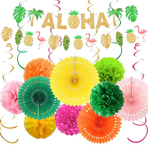 Hawaii-Party-Banner für den Sommer, buntes Aloha-Banner, Dekorationsset mit Papier-Pompons, Flamingo-Ananas, hängende Wimpelkette Girlanden für Strandparty-Zubehör Hawaii-Party-Banner für den Sommer, buntes Aloha-Banner, Dekorationsset mit Papier-Pompons, Flamingo-Ananas, hängende Wimpelkette Girlanden für Strandparty-Zubehör von Pecration
