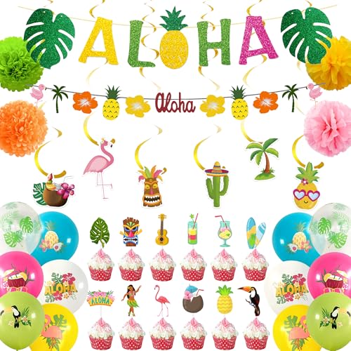 Hawaiianische Party-Banner-Dekorationen – bunte Aloha-Wimpelkette, Dekorationsset mit Cupcake-Topper, Latex-Luftballons, hängenden Wirbeln und Papier-Pompons für Strandparty-Zubehör Hawaiianische Party-Banner-Dekorationen – bunte Aloha-Wimpelkette, Dekorationsset mit Cupcake-Topper, Latex-Luftballons, hängenden Wirbeln und Papier-Pompons für Strandparty-Zubehör von Pecration