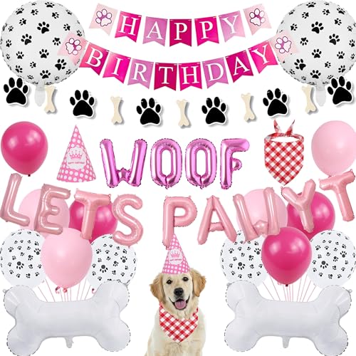 Hunde-Geburtstagsdekorationen, Hut, Bandana, rosa "Happy Birthday"-Banner, Dekorationsset mit Pfotenabdruck-Luftballons, niedliche Welpen-Girlande mit Aufschrift "Woof Lets Pawty", Banner für Hunde-Geburtstagsdekorationen, Hut, Bandana, rosa "Happy Birthday"-Banner, Dekorationsset mit Pfotenabdruck-Luftballons, niedliche Welpen-Girlande mit Aufschrift "Woof Lets Pawty", Banner für von Pecration
